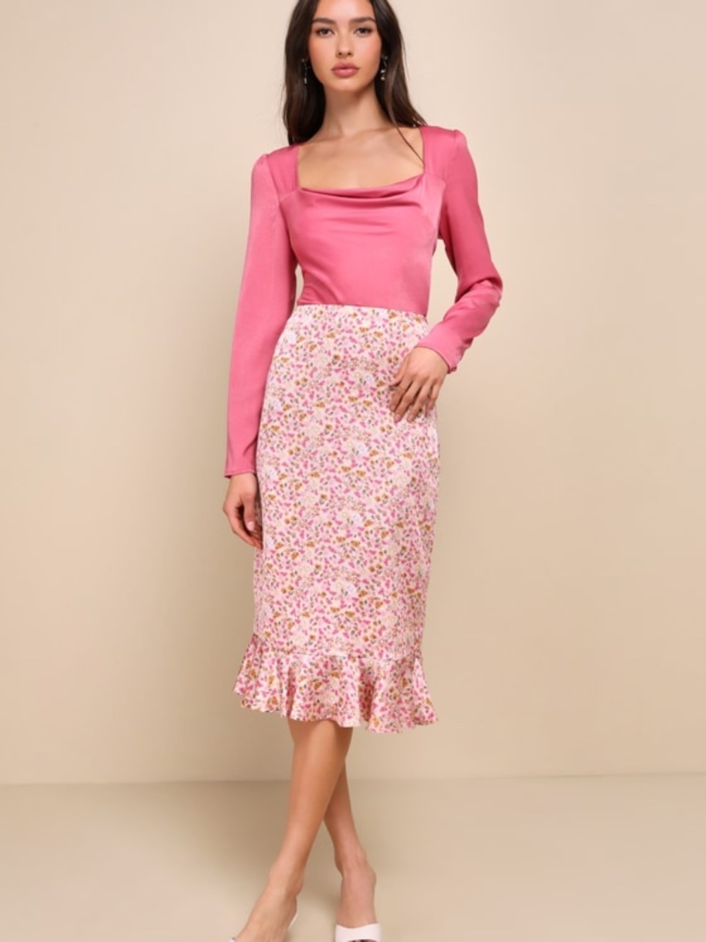 Lulus Darling Perception Pink Floral Print Ruffled Midi Skirt - Size L